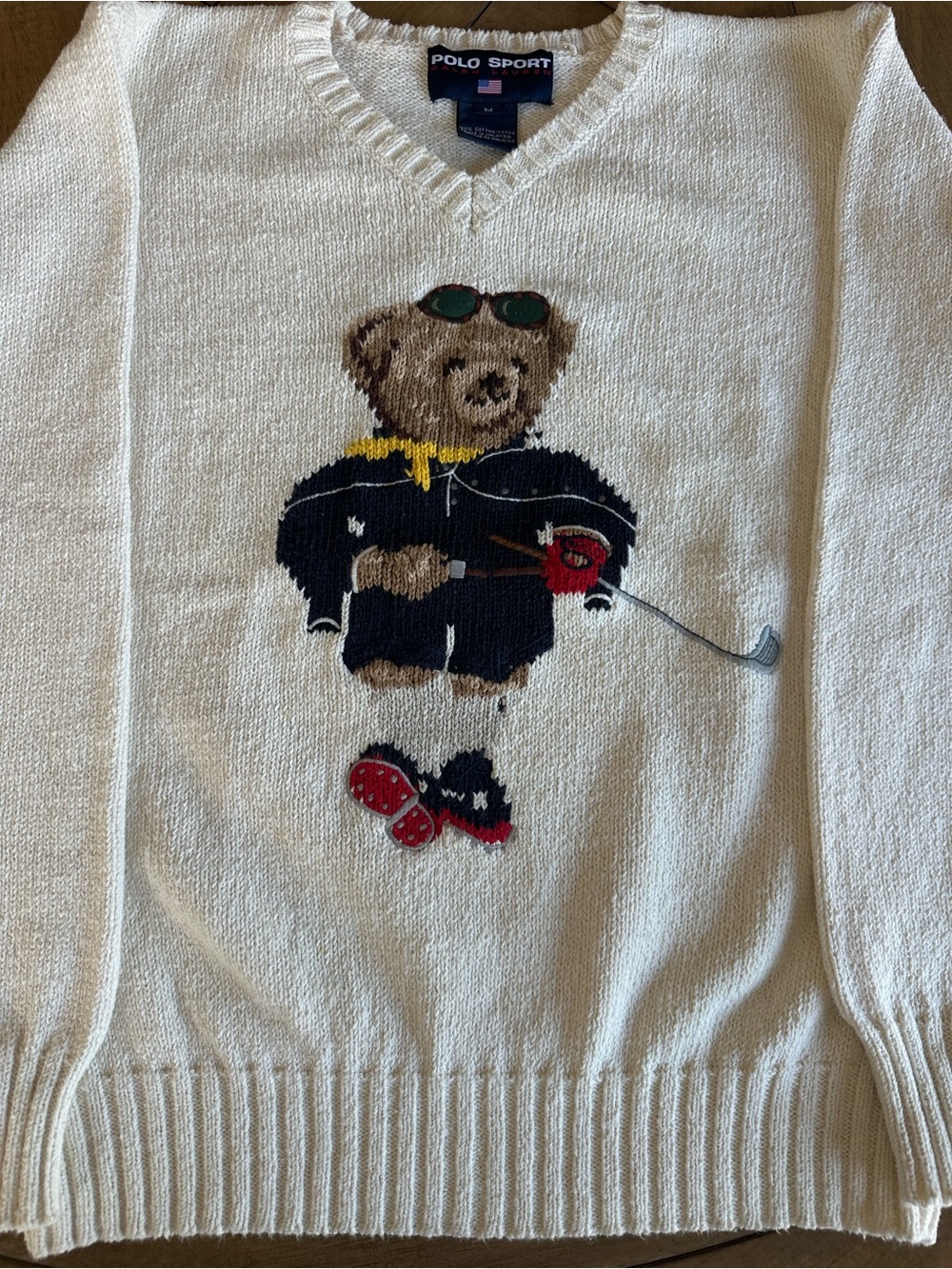 Vintage 90s Ralph Lauren Polo Sport Iconic Bear Golf Cotton Knit Sweater Women M